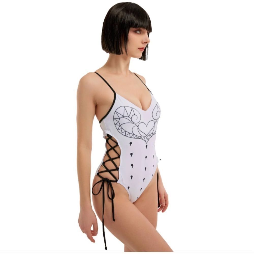 Haikyuu Beans Black and White Lace Up Side Graphic One Piece Swim Bathing Suit M